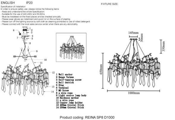 Подвесная люстра Crystal Lux REINA SP8 D1000 SILVER PATINA Reina