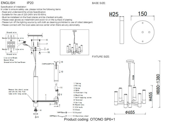 Подвесная люстра Crystal Lux OTONO OTONO SP6+1 BRASS/TRANSPARENTE