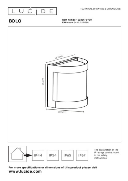 Уличный настенный светильник LUCIDE BOLO 22206/01/30