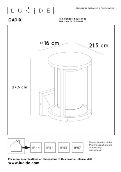 Уличный настенный светильник LUCIDE CADIX 15803/01/30