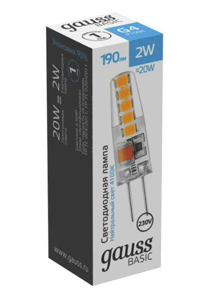 Светодиодная лампа Gauss капсульная 1169722 2W 220V 190lm G4 белый (дневной)