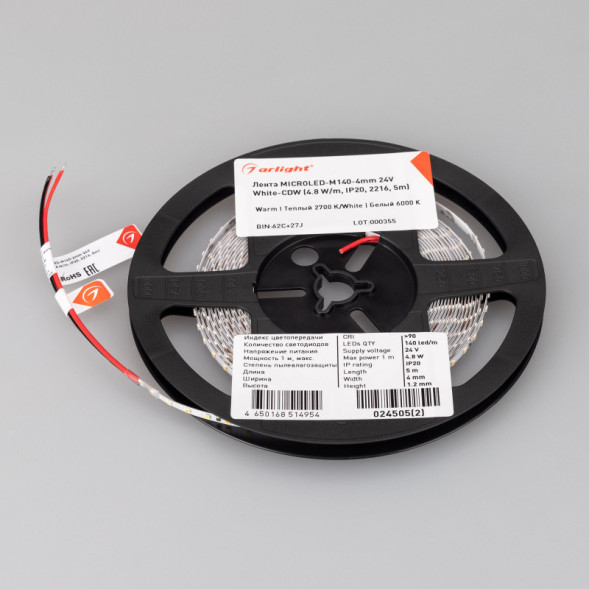 Лента Arlight MICROLED-M140-4mm 2216 024505(2) 24W 24V 2150lm MIX (теплый+холодный) IP20