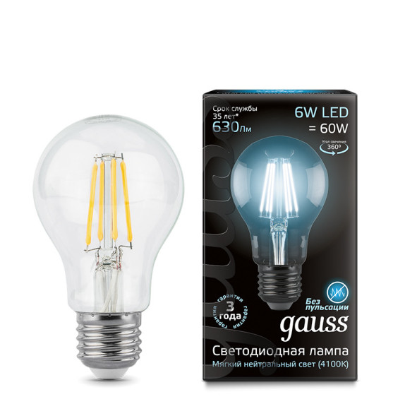 Светодиодная лампа Gauss Filament 102802206 6W 220V 630lm E27 белый (дневной)