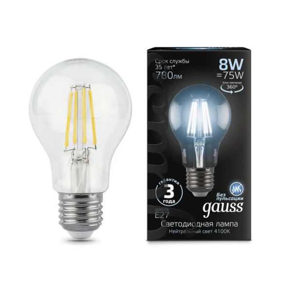 Светодиодная лампа Gauss Filament 102802208 8W 220V 780lm E27 белый (дневной)