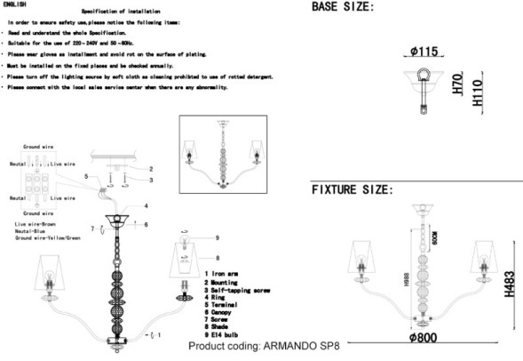Подвесная люстра Crystal Lux ARMANDO GOLD ARMANDO SP8 GOLD