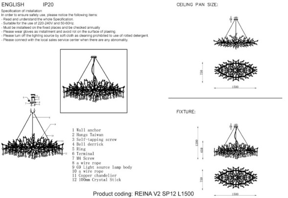 Подвесная люстра Crystal Lux Reina REINA V2 SP12 L1500 GOLD PEARL