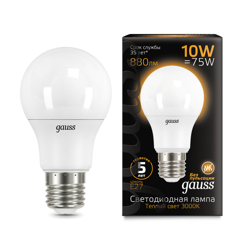Светодиодная лампа Gauss A60 102502110 10W 220V 880lm E27 белый (теплый)