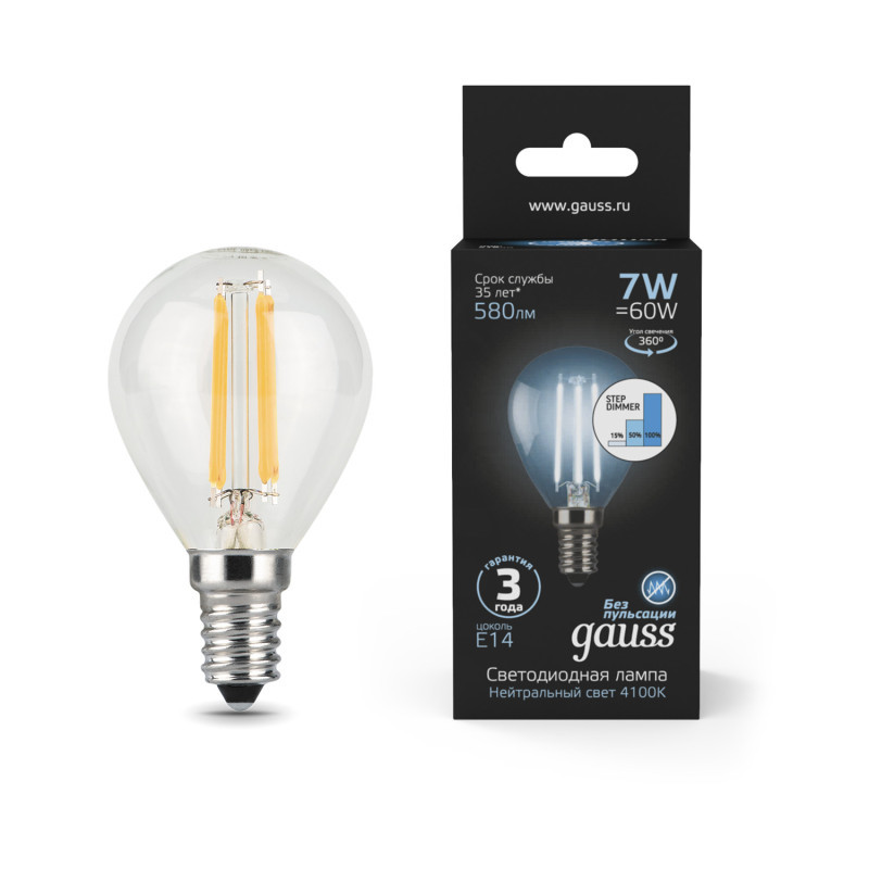 Светодиодная лампа Gauss Filament 105801207-S 7W 220V 580lm E14 белый (дневной)