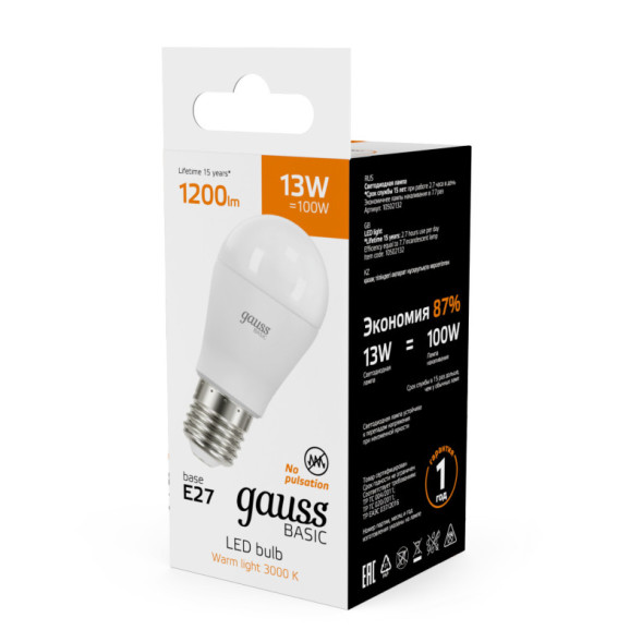 Светодиодная лампа Gauss 10502132 13W 220V 1200lm E27 белый (теплый)