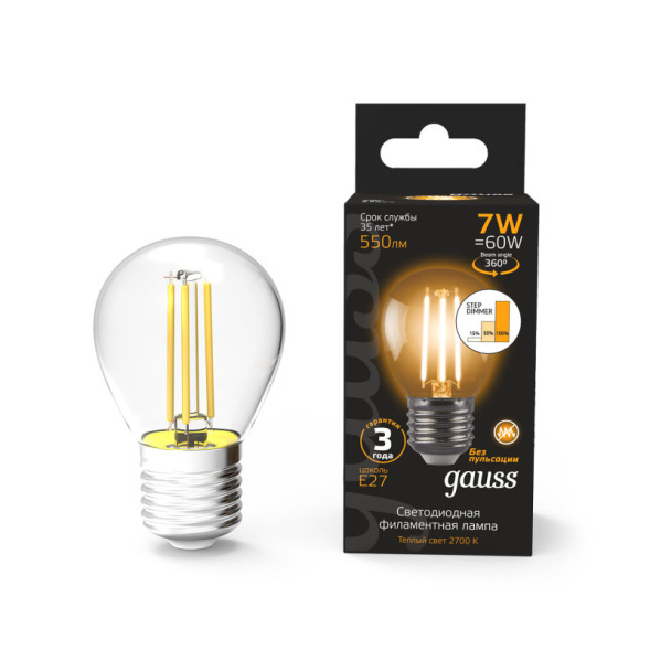 Светодиодная лампа Gauss Filament 105802107-S 7W 220V 550lm E27 белый (теплый)