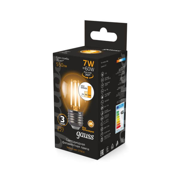 Светодиодная лампа Gauss Filament 105802107-S 7W 220V 550lm E27 белый (теплый)