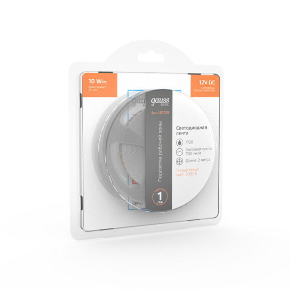 Лента Gauss Basic LED 2835/120 BT035 20W 12V 700lm белый (теплый) IP20