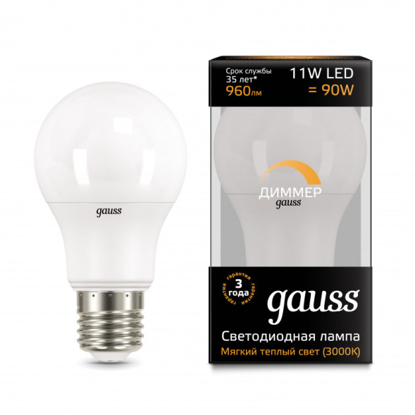 Светодиодная лампа Gauss A60 102502111-D 11W 220V 960lm E27 белый (теплый)