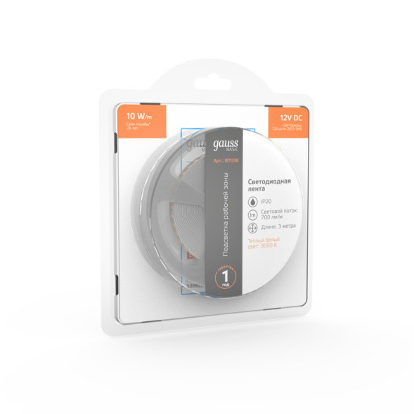 Лента Gauss Basic LED 2835/120 BT036 30W 12V 700lm белый (теплый) IP20