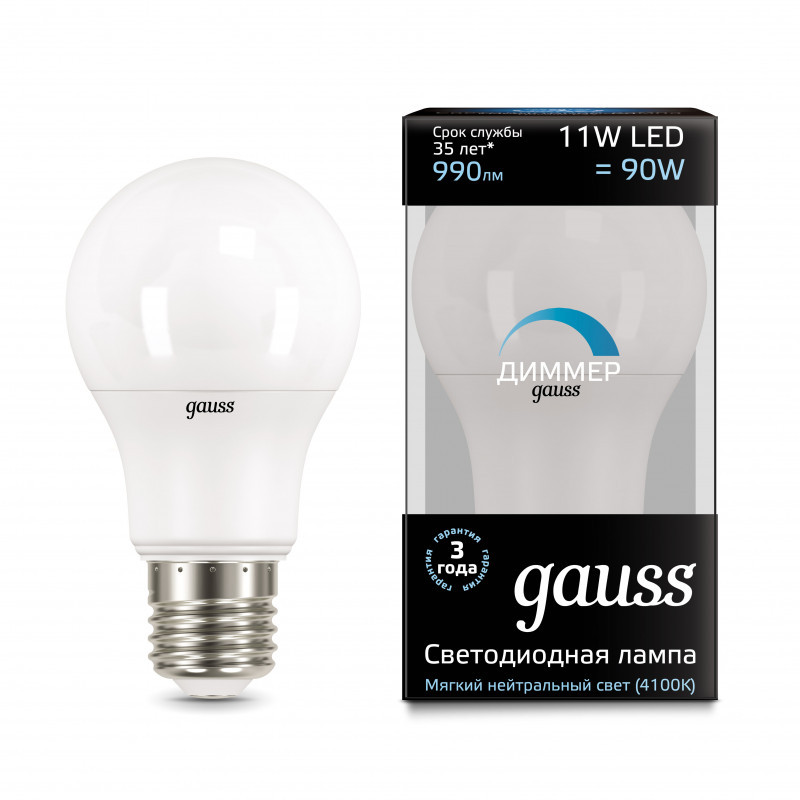 Светодиодная лампа Gauss A60 102502211-D 11W 220V 990lm E27 белый (дневной)