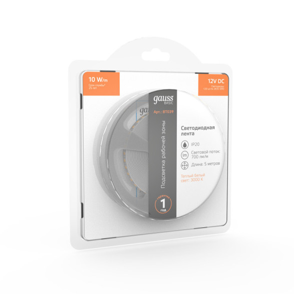 Лента Gauss Basic LED 2835/120 BT039 50W 12V 700lm белый (теплый) IP20
