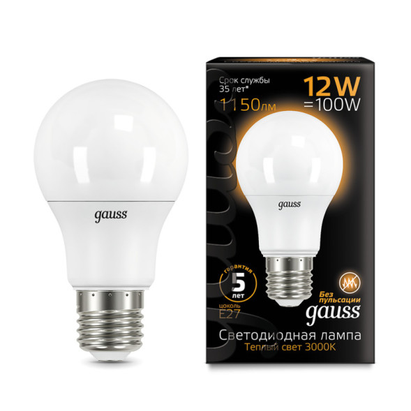 Светодиодная лампа Gauss A60 102502112 12W 220V 1150lm E27 белый (теплый)