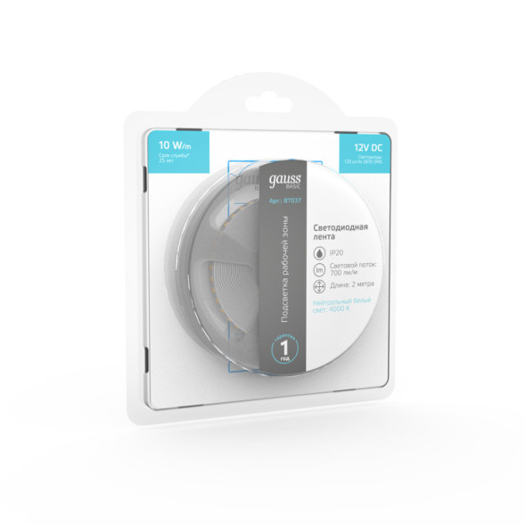 Лента Gauss Basic LED 2835/120 BT037 20W 12V 700lm белый (дневной) IP20