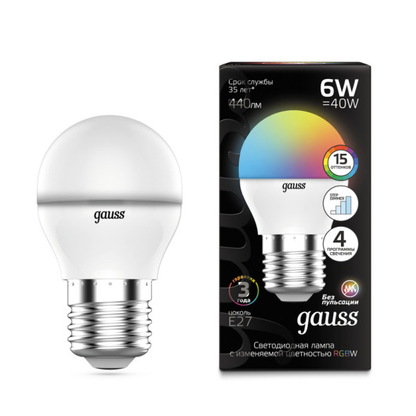 Светодиодная лампа Gauss 105102406 6W 220V 440lm E27 RGB+белый