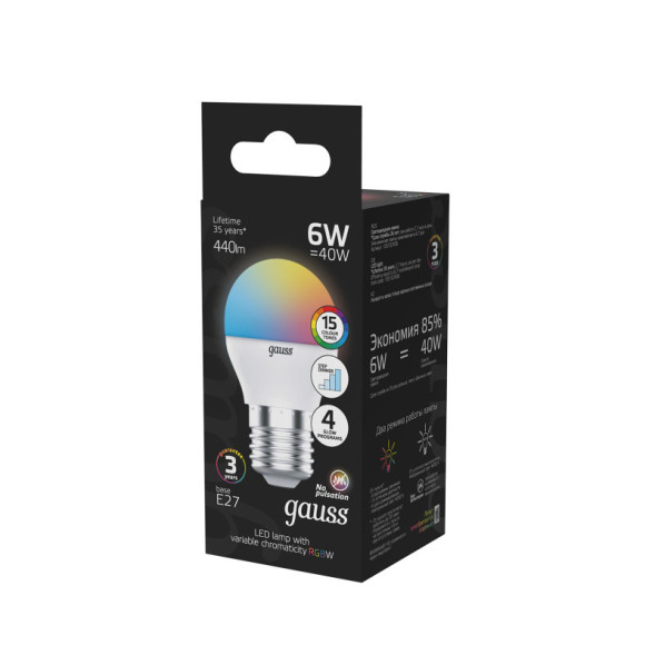 Светодиодная лампа Gauss 105102406 6W 220V 440lm E27 RGB+белый