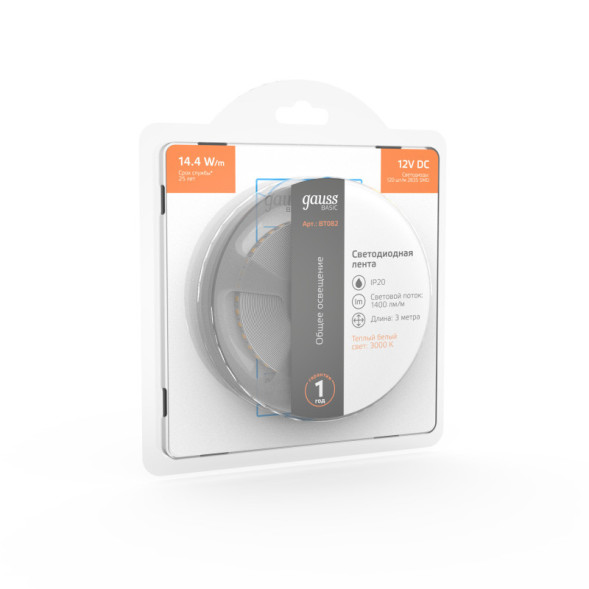 Лента Gauss Basic LED 2835/120 BT082 43.2W 12V 1400lm белый (теплый) IP20