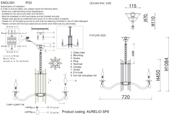 Подвесная люстра Crystal Lux Aurelio AURELIO SP8 GOLD+CHROME/TRANSPARENT