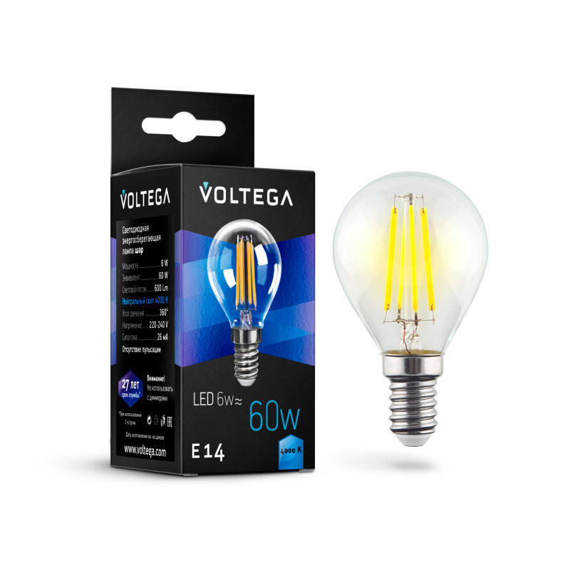 Светодиодная лампа Voltega Globe 7022 6W 220V 600lm E14 белый (дневной)