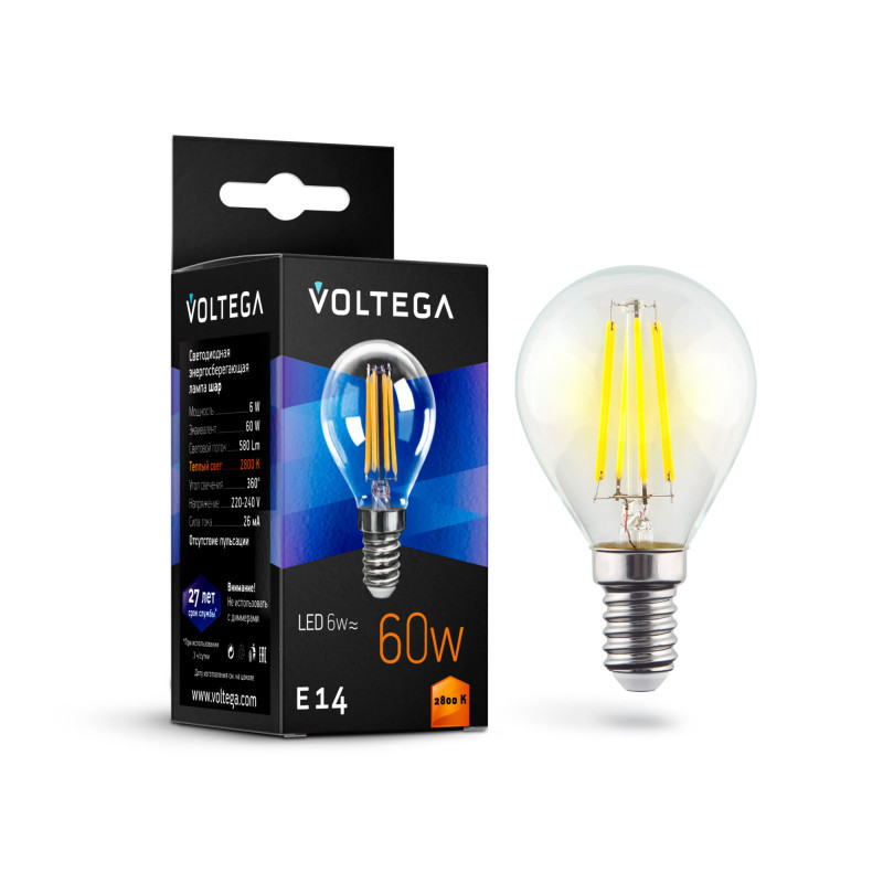 Светодиодная лампа Voltega Globe 7021 6W 220V 580lm E14 белый (теплый)