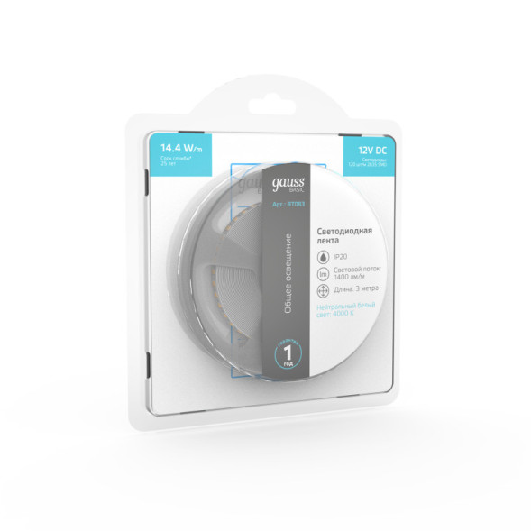 Лента Gauss Basic LED 2835/120 BT083 43.2W 12V 1400lm белый (дневной) IP20