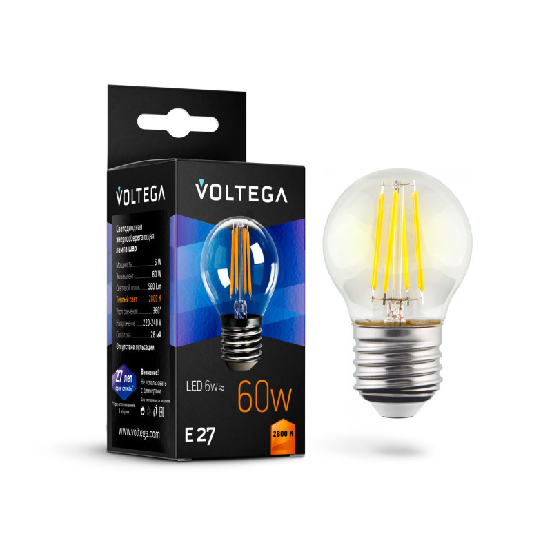 Светодиодная лампа Voltega Globe 7023 6W 220V 580lm E27 белый (теплый)
