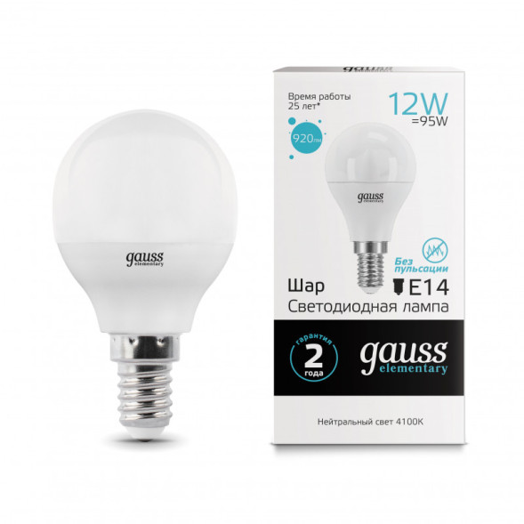 Светодиодная лампа Gauss Шарик 53122 12W 220V 920lm E14 белый (дневной)