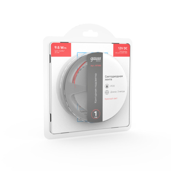 Лента Gauss Basic LED 2835/120 BT066 28.8W 12V 624lm красный IP20