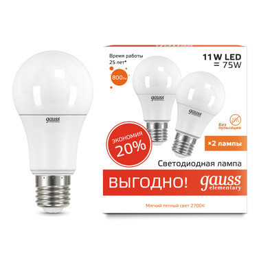 Светодиодная лампа Gauss A60 23211P 11W 220V 800lm E27 белый (теплый)