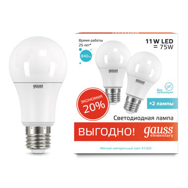 Светодиодная лампа Gauss A60 23221P 11W 220V 840lm E27 белый (дневной)