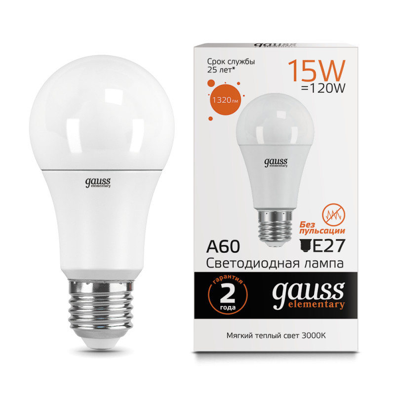 Светодиодная лампа Gauss A60 23215 15W 220V 1320lm E27 белый (теплый)