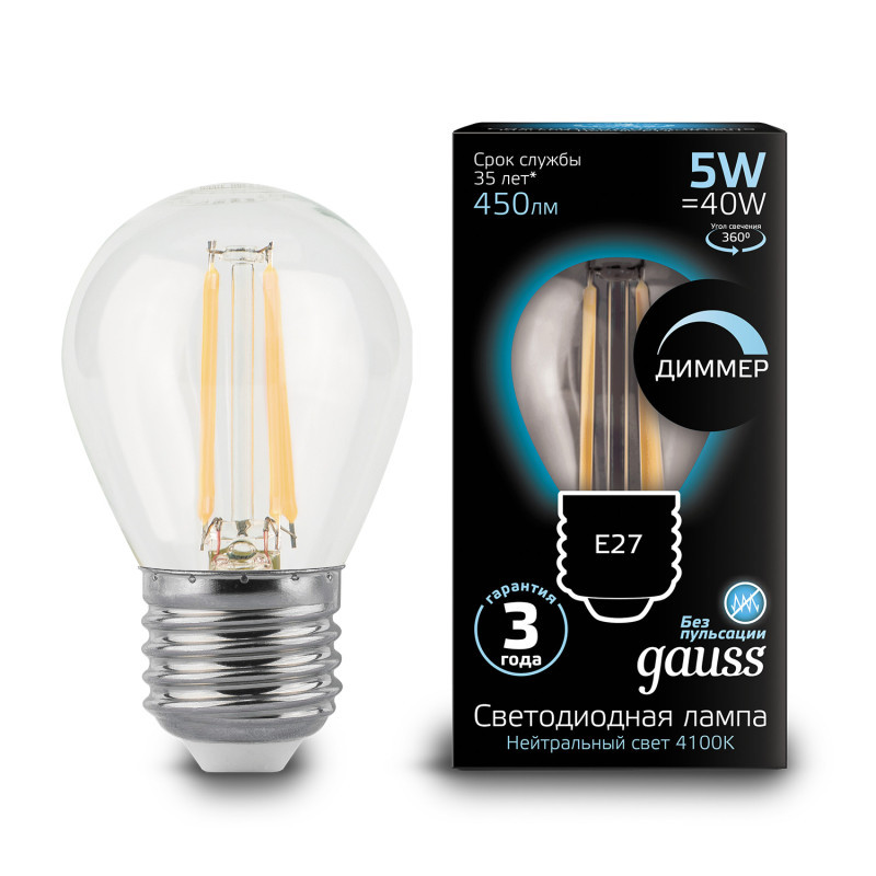 Светодиодная лампа Gauss Filament 105802205-D 5W 220V 450lm E27 белый (дневной)