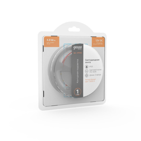 Лента Gauss Basic LED 2835/60 BT002 14.4W 12V 312lm белый (теплый) IP20