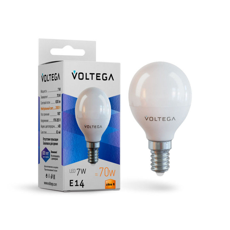 Светодиодная лампа Voltega Globe 7054 7W 220V 650lm E14 белый (теплый)