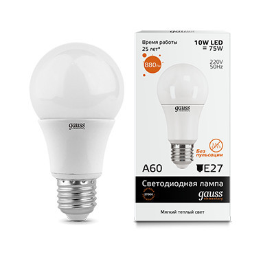Светодиодная лампа Gauss A60 23210 10W 220V 880lm E27 белый (теплый)