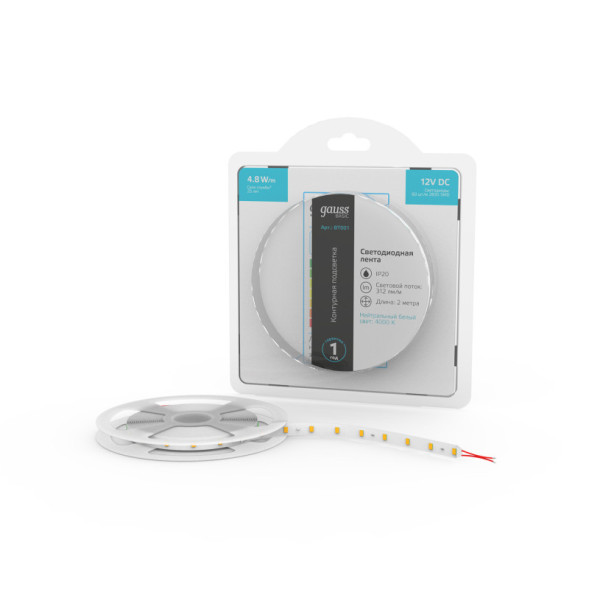 Лента Gauss Basic LED 2835/60 BT001 9.6W 12V 312lm белый (дневной) IP20