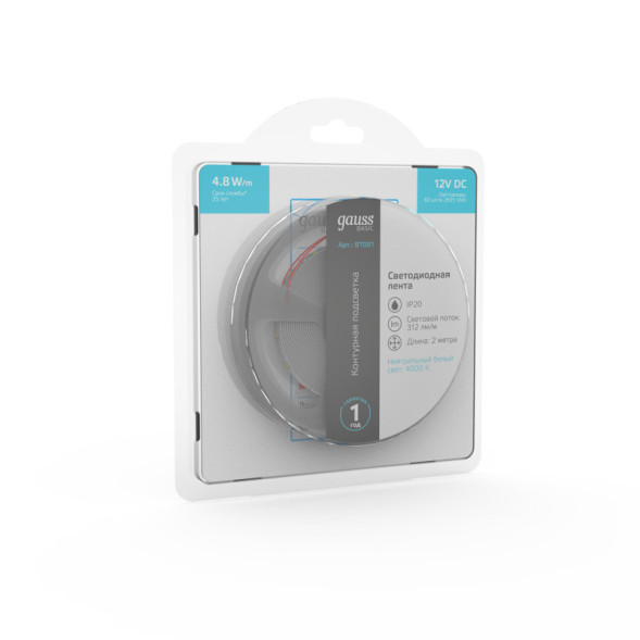 Лента Gauss Basic LED 2835/60 BT001 9.6W 12V 312lm белый (дневной) IP20