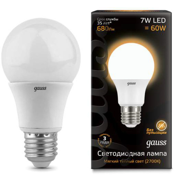 Светодиодная лампа Gauss A60 102502107 7W 220V 680lm E27 белый (теплый)