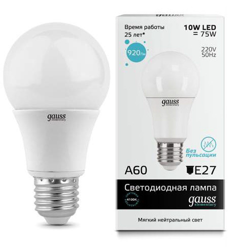 Светодиодная лампа Gauss A60 23220 10W 220V 920lm E27 белый (дневной)