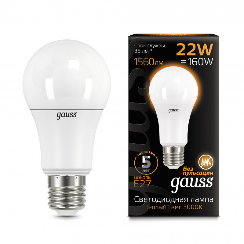 Светодиодная лампа Gauss A70 102502122 22W 220V 1560lm E27 белый (теплый)