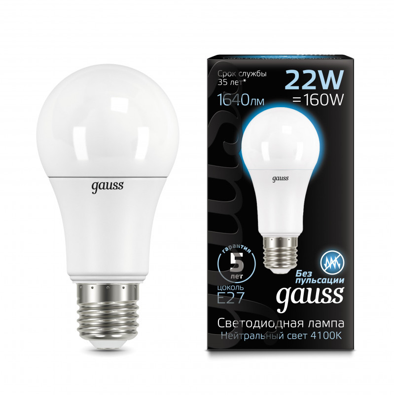 Светодиодная лампа Gauss A70 102502222 22W 220V 1640lm E27 белый (дневной)