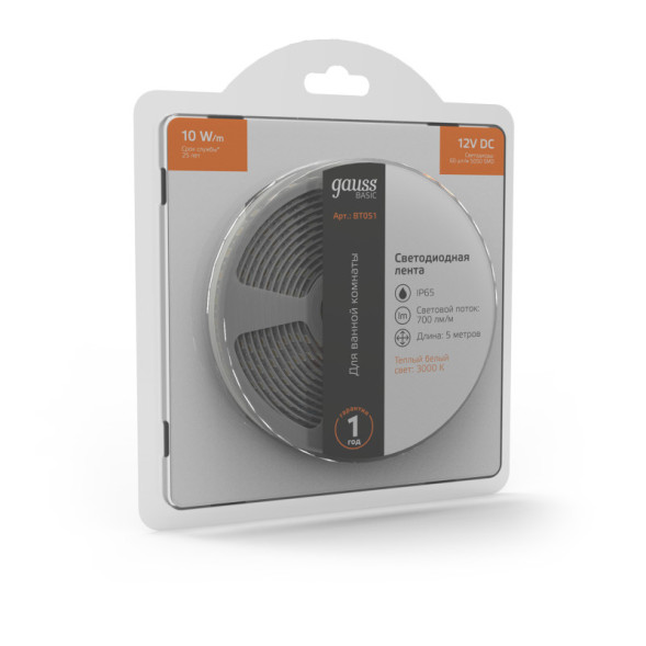 Лента Gauss Basic LED 5050/60 BT051 50W 12V 700lm белый (теплый) IP65