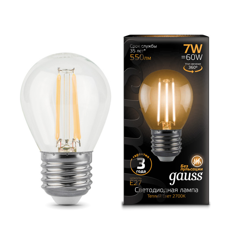 Светодиодная лампа Gauss Filament 105802107 7W 220V 550lm E27 белый (теплый)