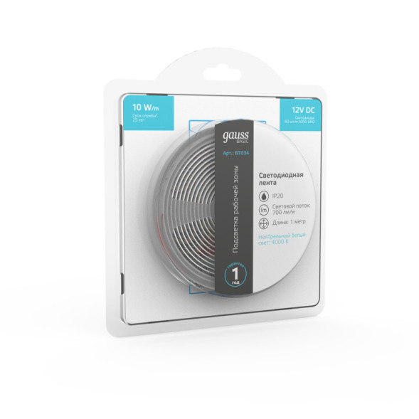 Лента Gauss Basic LED 5050/60 BT034 10W 12V 700lm белый (дневной) IP20