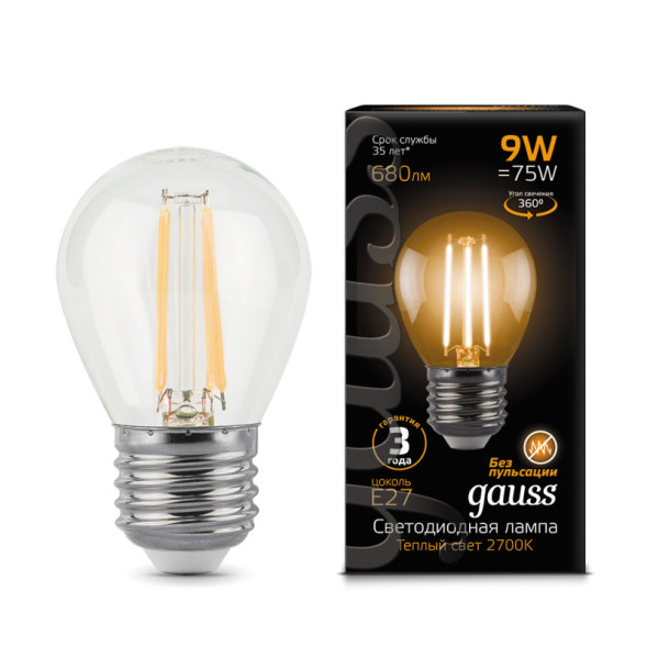 Светодиодная лампа Gauss Filament 105802109 9W 220V 680lm E27 белый (теплый)