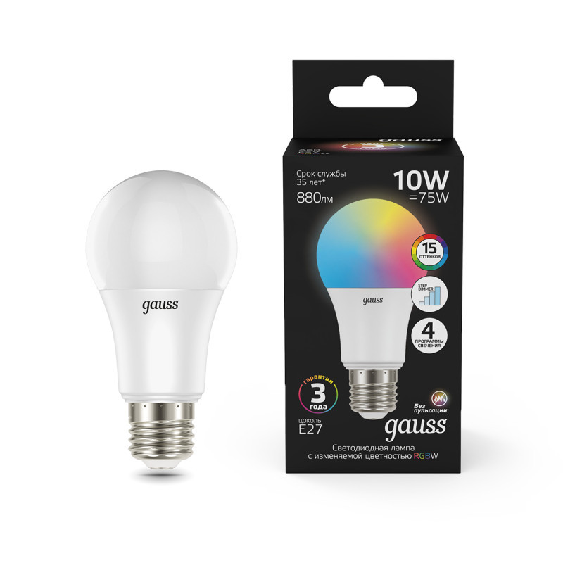 Светодиодная лампа Gauss 102102410 10W 220V 880lm E27 RGB+белый